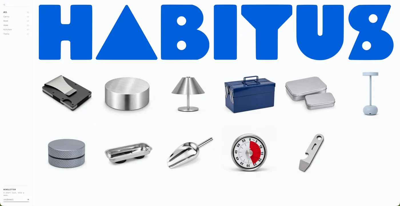 HABITUS wordmark in blue across the top of the curated Temu grid