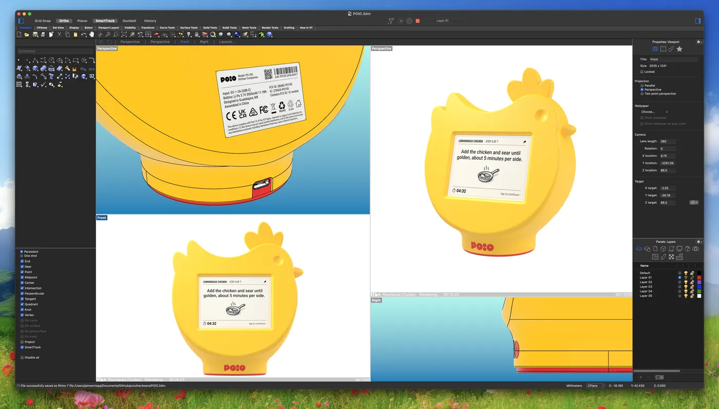 3D mockup of the POiO shell, four Rhino viewports