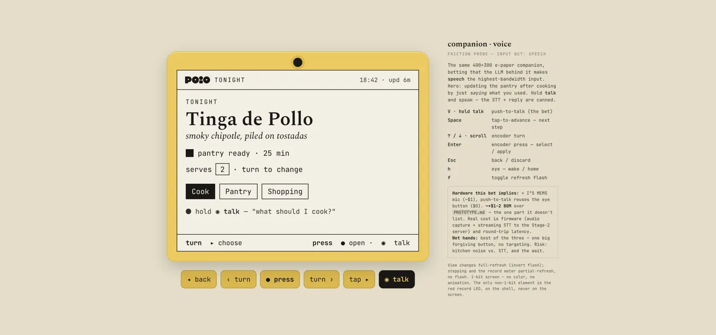 Mockup of the POiO e-paper companion showing a Tinga de Pollo recipe with a hold-to-talk voice input, annotated as a friction probe
