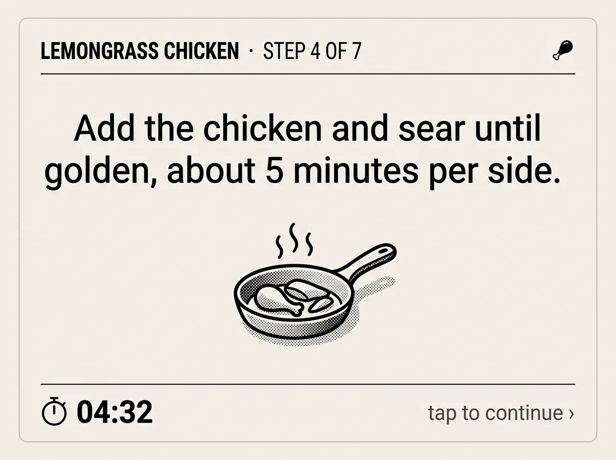 The e-paper screen mid-recipe, mocked at real size.